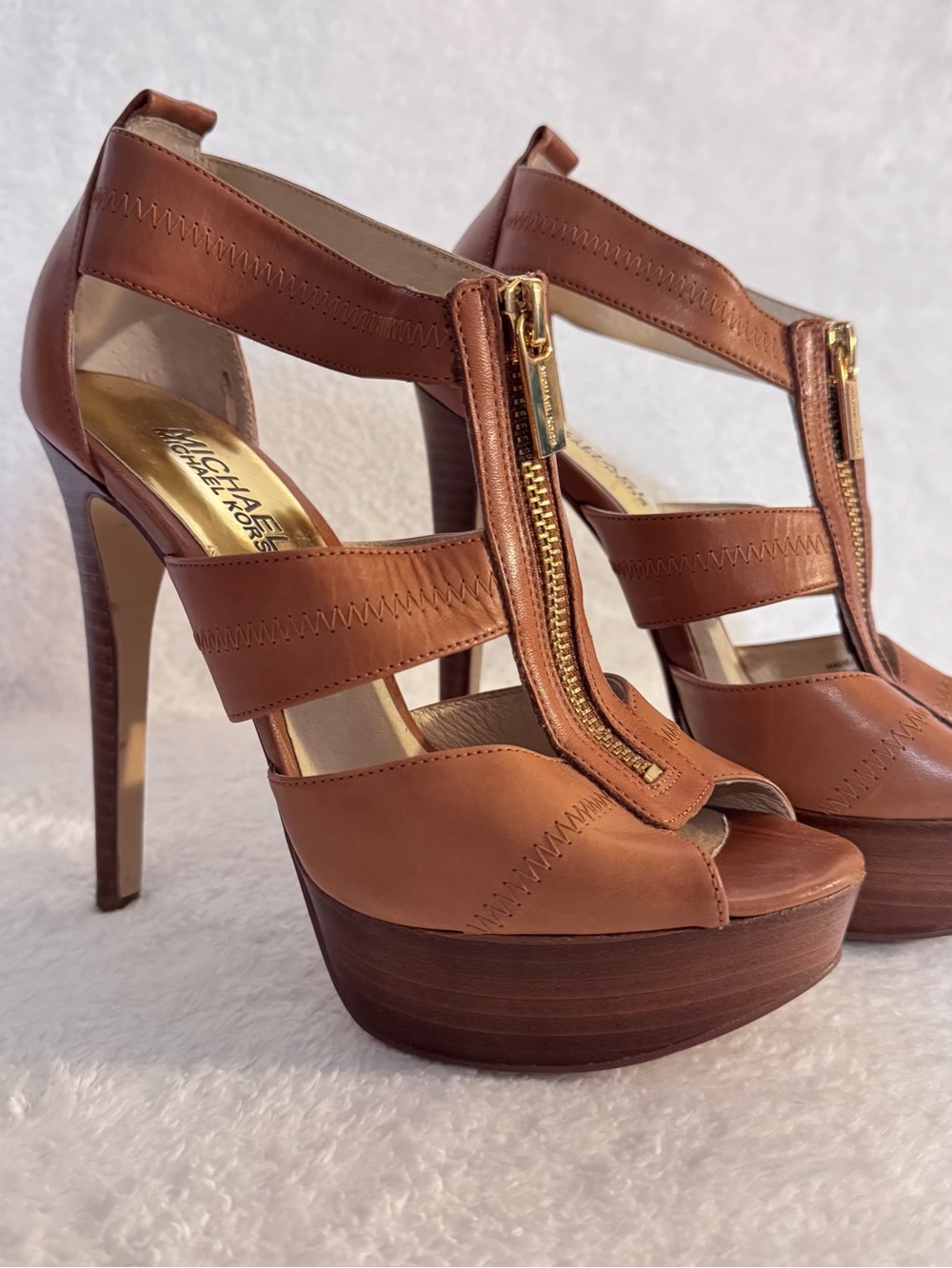 Michael Kors Tan Leather Zip Platform Heels
